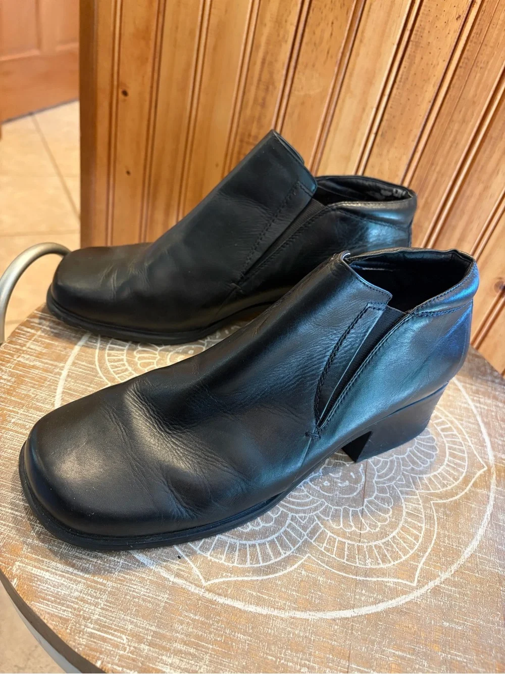 Black Leather Ankle Booties with Low Block Heel 1